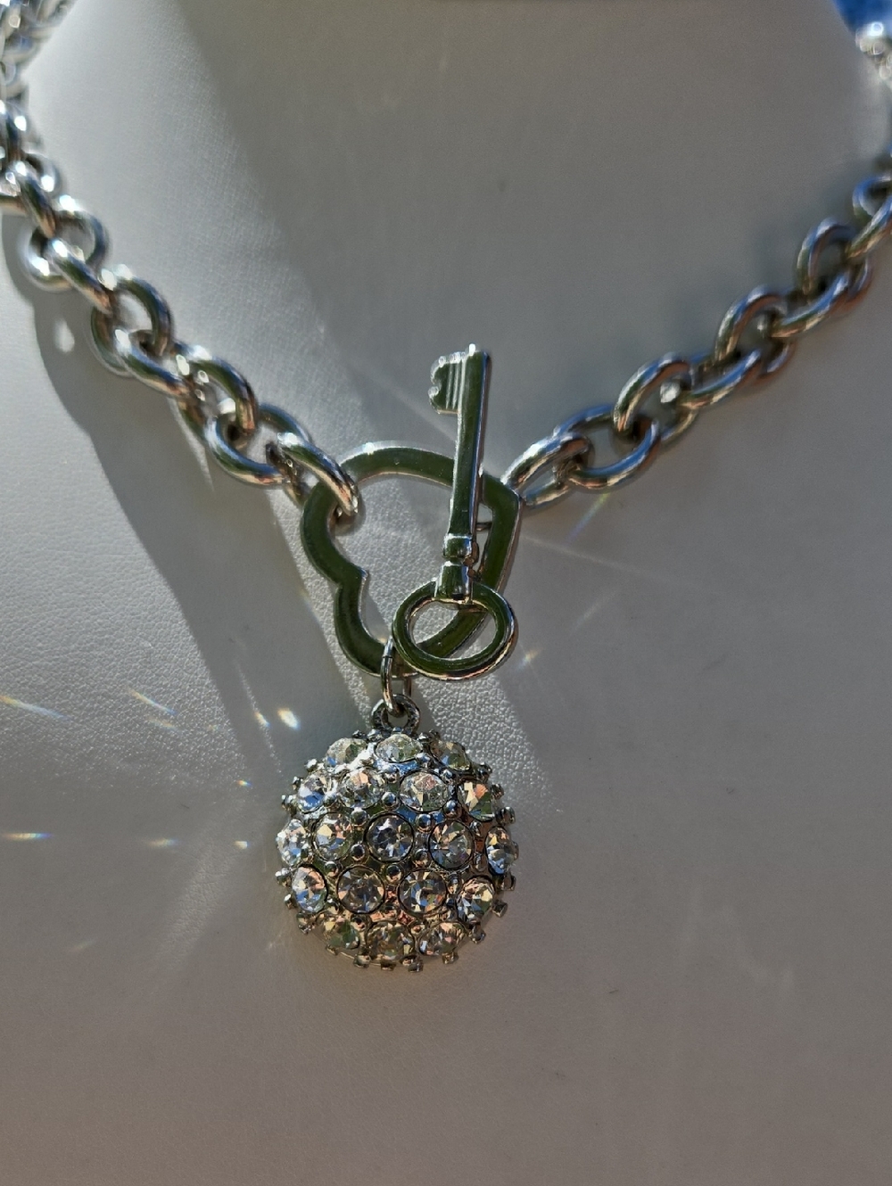 Guess Silver-Tone Crystal Ball Heart Key Toggle Necklace - Women Jewelry - Picture 3 of 16